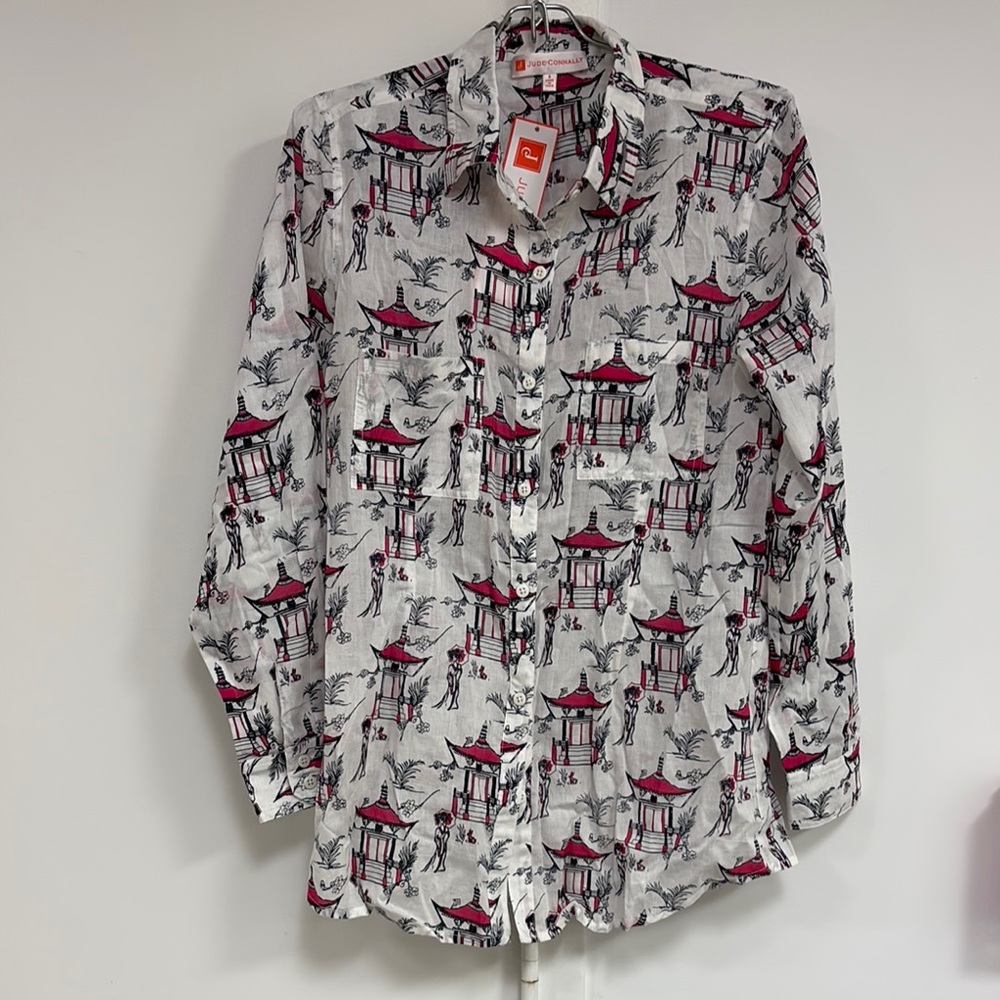 Printed Button-Up Shirt - White with Pink Pattern